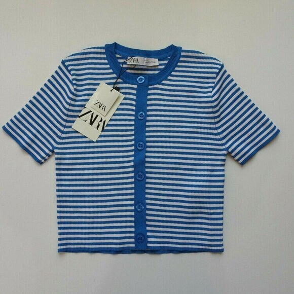 ZARA Button-Front Sweater Striped Cropped Shrug Top Blue White Stretch M NWT - Picture 7 of 14